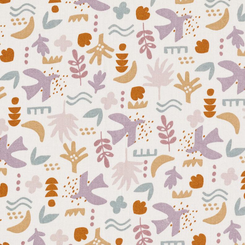 Bavlněná látka Kreton Abstraktní ptáci – vlněná bílá/pastelově fialová,  image number 1