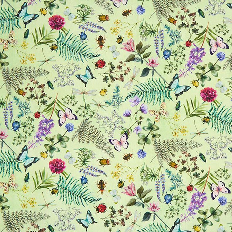 Látka pro venkovní použití Plátno Divoké květiny a hmyz – pastelově zelená,  image number 1