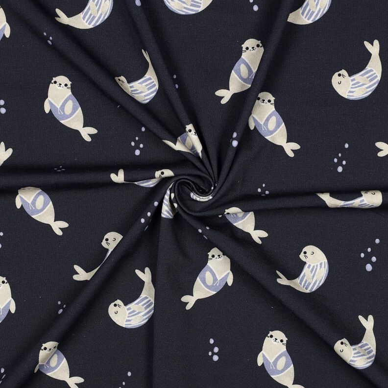GOTS Bavlněný žerzej Tuleňi digitální potisk | Poppy Fabrics – noční modrá/sasanková, image number 3