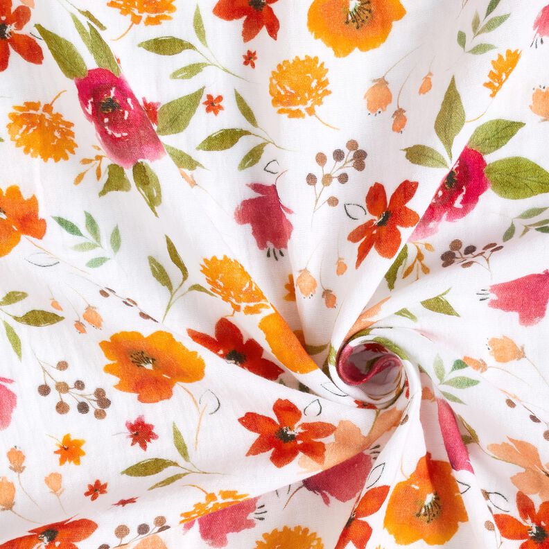 Mušelín / dvojitá mačkaná tkanina barevné akvarelové květiny digitální potisk – bílá,  image number 3