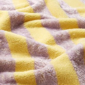 Froté látka Bambus Široké pruhy – žlutá/šeříková, 