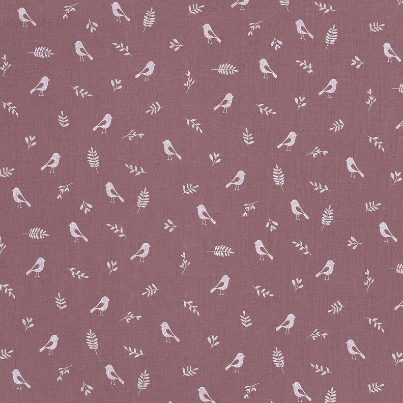 Mušelín / dvojitá mačkaná tkanina Větve a malí ptáci – barva lilku/bílá,  image number 1