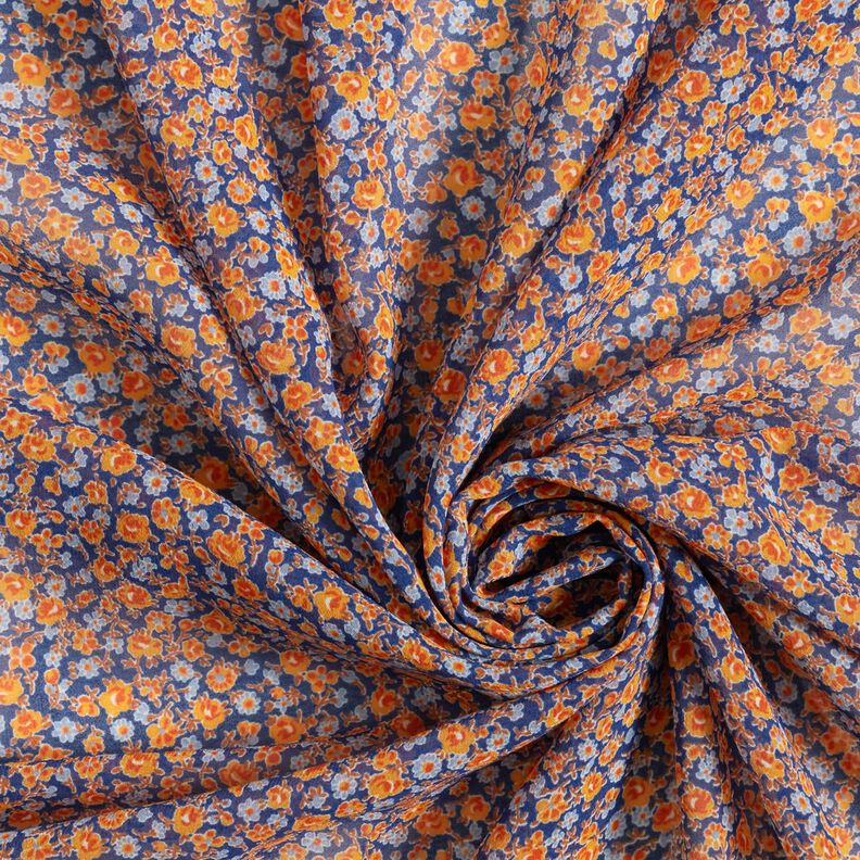Šifón Vzor millefleurs (drobné kvítky) – indigová/oranžová,  image number 3