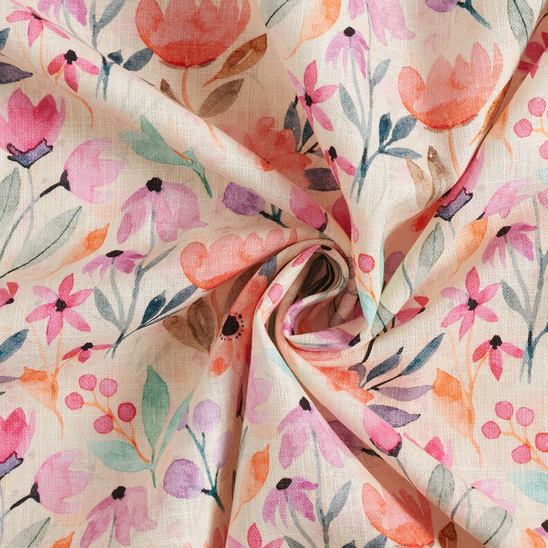 Směs len-bavlna akvarel jarní květiny – vlněná bílá,  image number 4