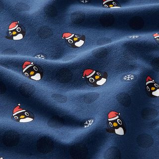 Bavlněný žerzej Tučňák s vánoční čepicí – namornicka modr, 