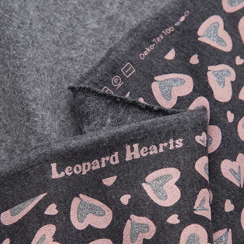 Teplákovina počesaná Třpytivé leopardí srdce – antracitová,  image number 4