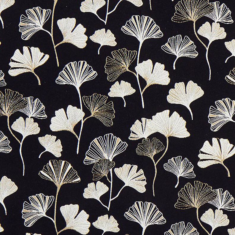 Dekorační látka Žakár Listy ginkgo – černá/zlatá, image number 1