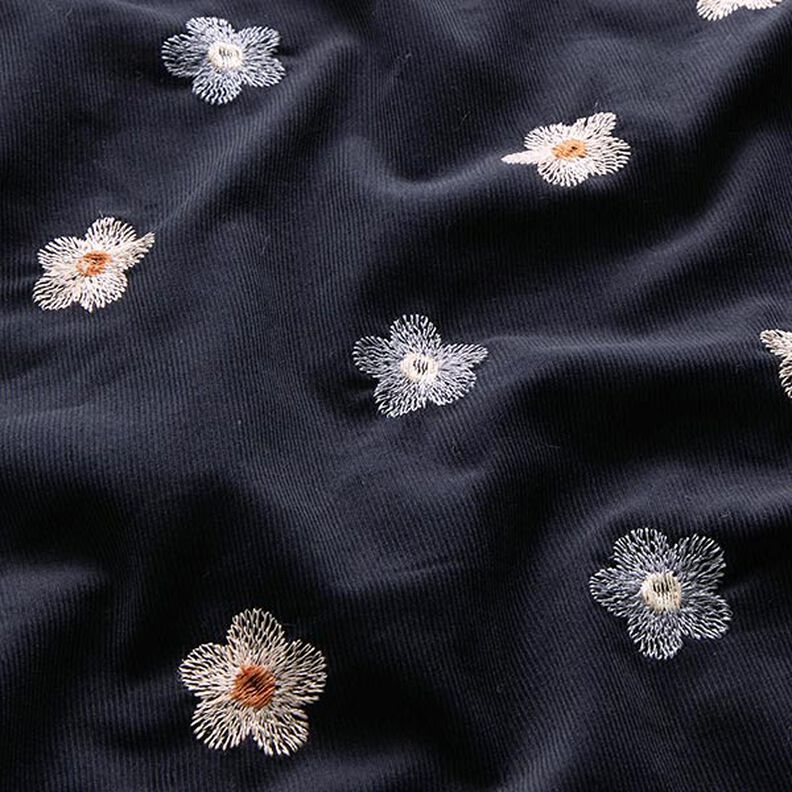 Babycord vyšívané květiny – noční modrá,  image number 2