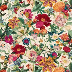 Dekorační látka Polopanama Velkolepé květiny – přírodni/purpurová,  Dekorační látka Polopanama Velkolepé květiny – přírodni/purpurová,