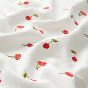 Mušelín / dvojitá mačkaná tkanina vyšívané třešně | Poppy Fabrics – bílá/ohnivě červená, 