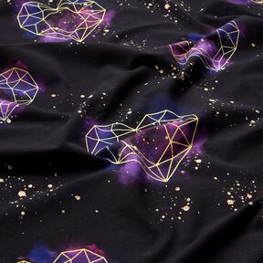 Bavlněný žerzej Origami srdce se zlatými posypkami | Glitzerpüppi – černá/světle fialova, 