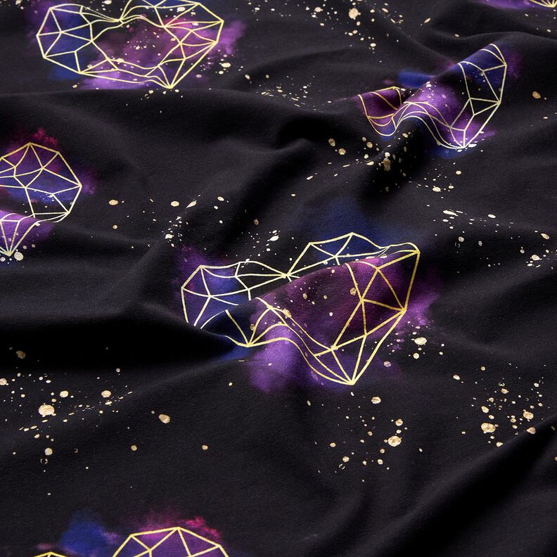 Bavlněný žerzej Origami srdce se zlatými posypkami | Glitzerpüppi – černá/světle fialova, image number 2