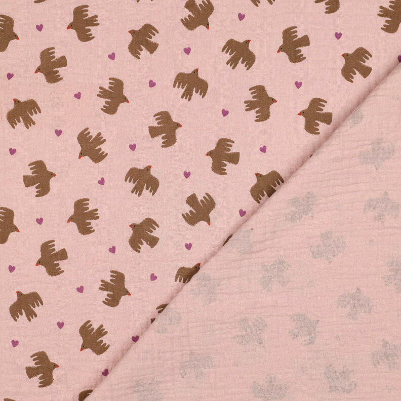 GOTS Mušelín / dvojitá mačkaná tkanina Ptáci a srdce | Poppy Fabrics – starorůžová, image number 5