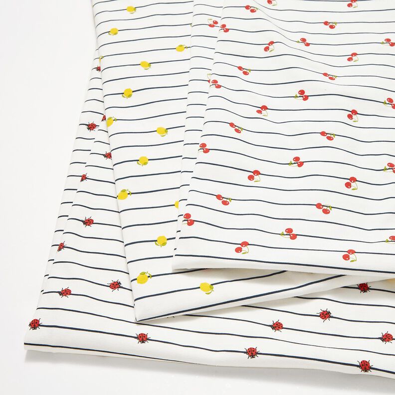 Bavlněný žerzej Pruhy a berušky – vlněná bílá,  image number 5