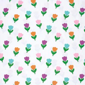 Bavlněný žerzej Stylizované tulipány – bílá/červenofialková, 