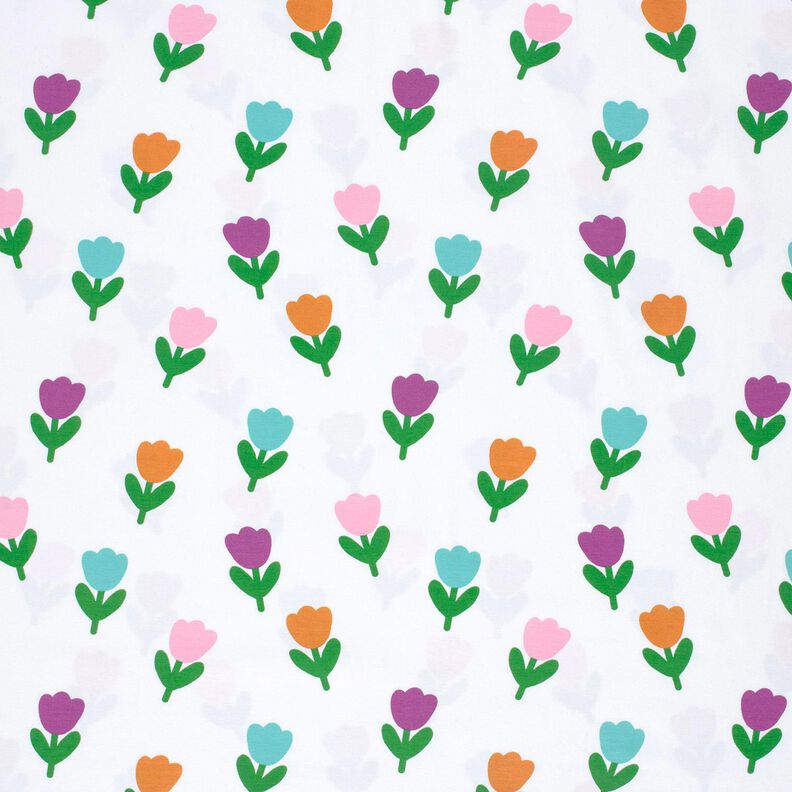 Bavlněný žerzej Stylizované tulipány – bílá/červenofialková,  image number 1