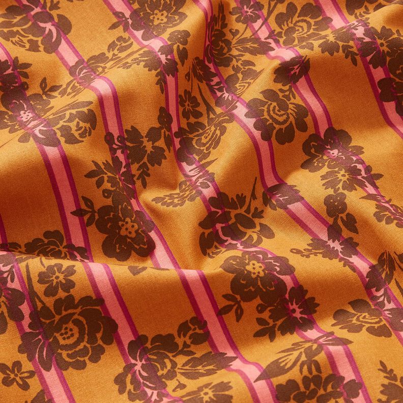 Bavlněná látka Kreton Květiny na proužcích – kari žlutá/purpurová, image number 2