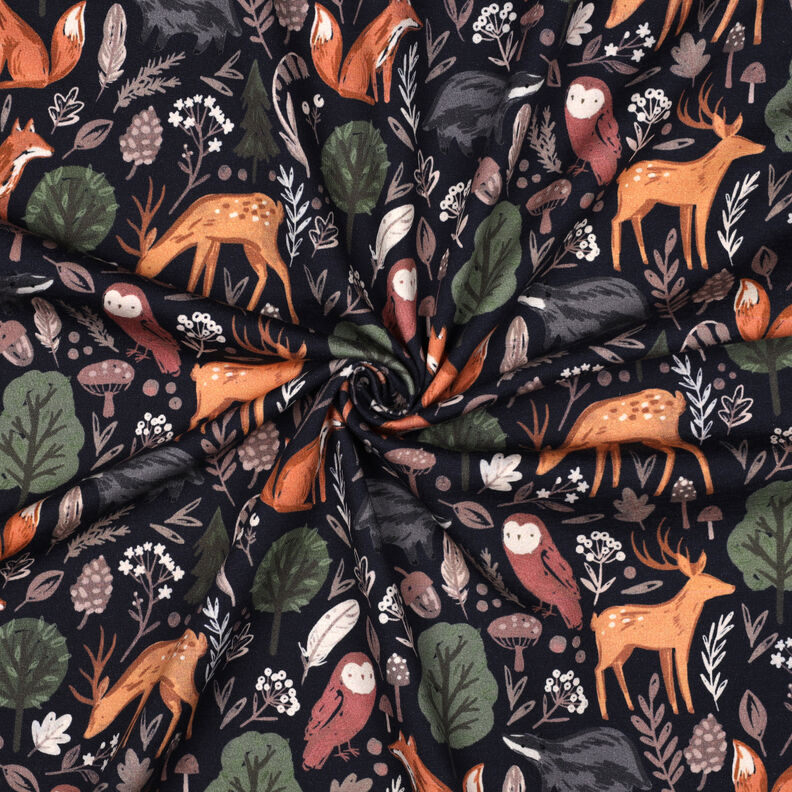 Teplákovina počesaná Zvířátka v lese digitální potisk | Poppy Fabrics – noční modrá,  image number 3
