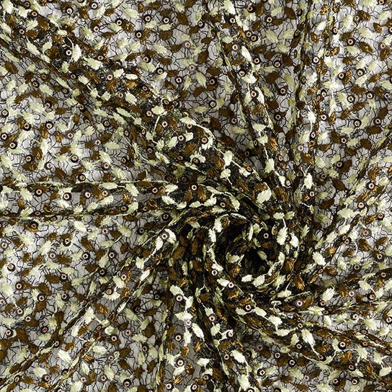Krajková látka s květinovými úponky a pajetkami – černá/olivová,  image number 3