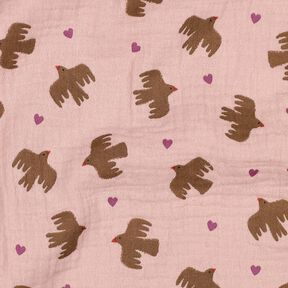 GOTS Mušelín / dvojitá mačkaná tkanina Ptáci a srdce | Poppy Fabrics – starorůžová, 