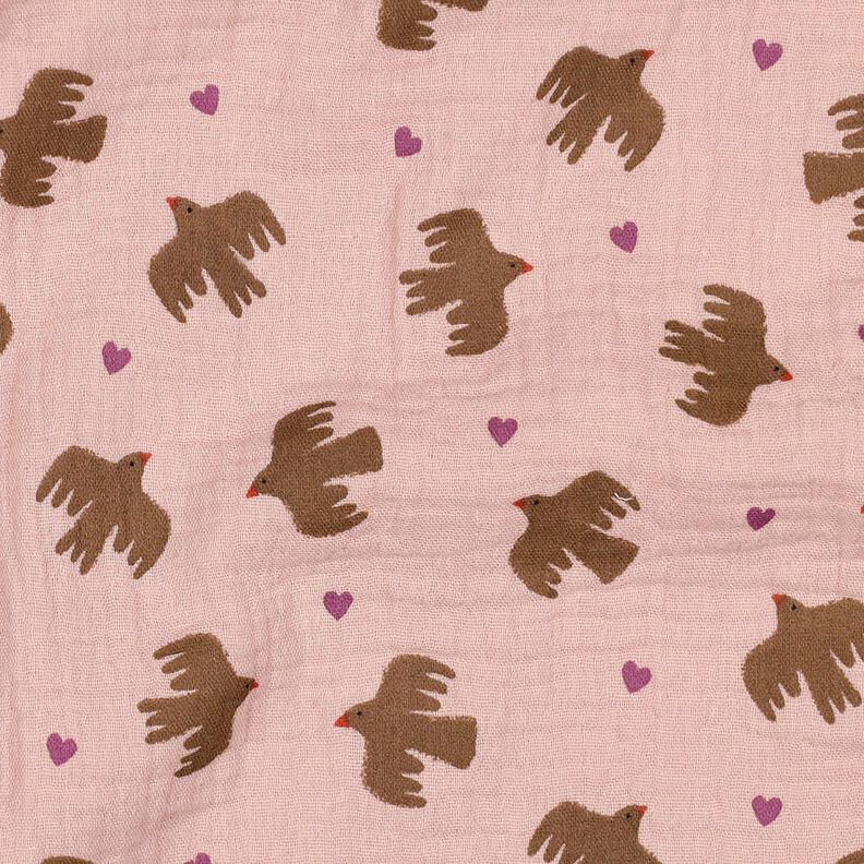 GOTS Mušelín / dvojitá mačkaná tkanina Ptáci a srdce | Poppy Fabrics – starorůžová, image number 3