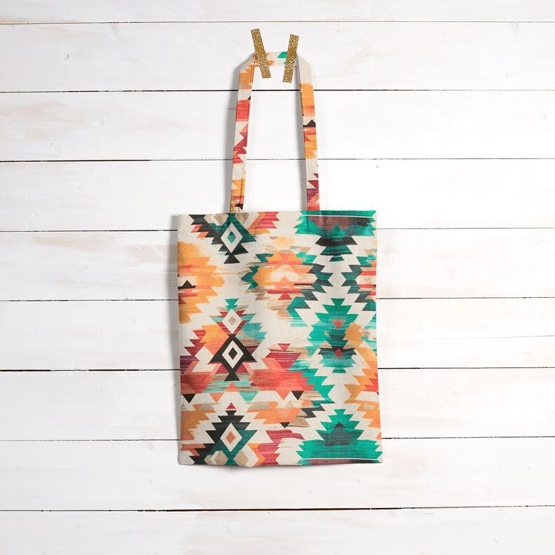 Dekorační látka Polopanama Abstraktní etnický tisk – světle béžová/smaragdově zelená,  image number 7