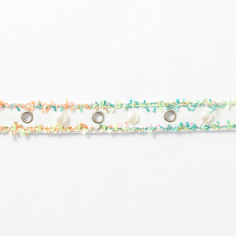 Tkaná stuha Očka a perličky [25 mm] – bílá/zelená neonová,  image number 2