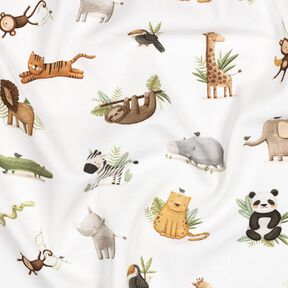 GOTS Bavlněný žerzej Roztomilá stepní zvířata digitální potisk | Poppy Fabrics – bílá/světle olivová, 