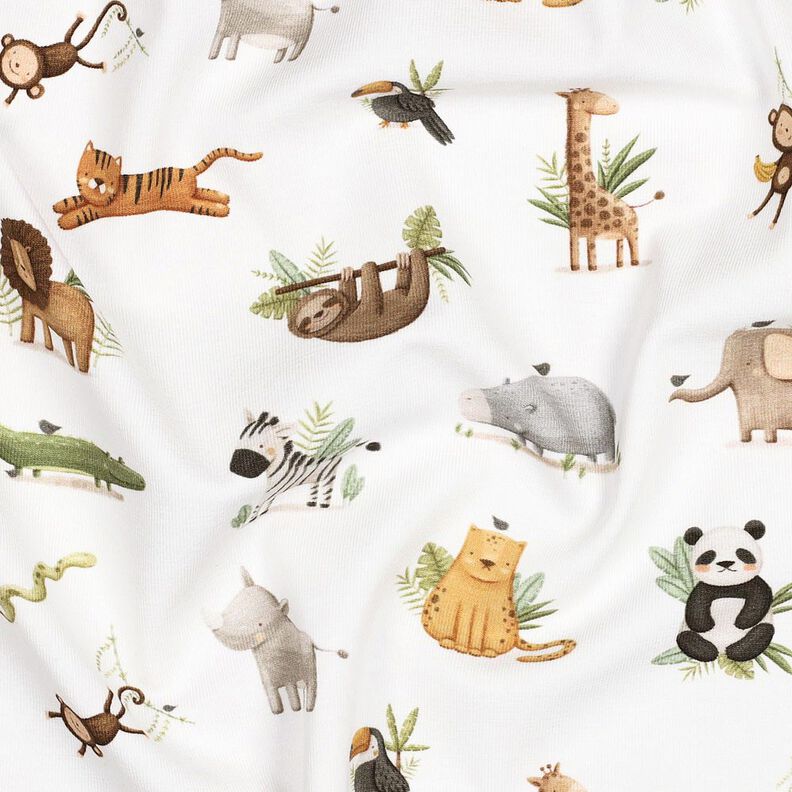 GOTS Bavlněný žerzej Roztomilá stepní zvířata digitální potisk | Poppy Fabrics – bílá/světle olivová,  image number 2