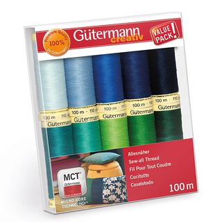Sada univerzálních šicích nití [ 100m | 10 ks ] | Gütermann creativ – zelená/modrá, 