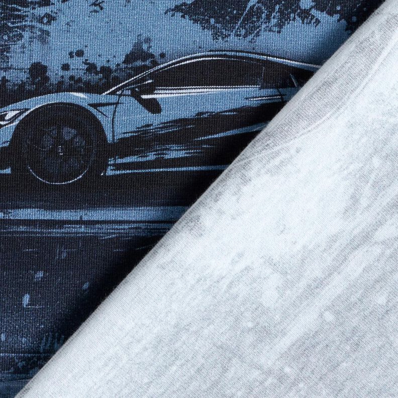 Bavlněný žerzej Závodní auto digitální potisk – černomodrá,  image number 4