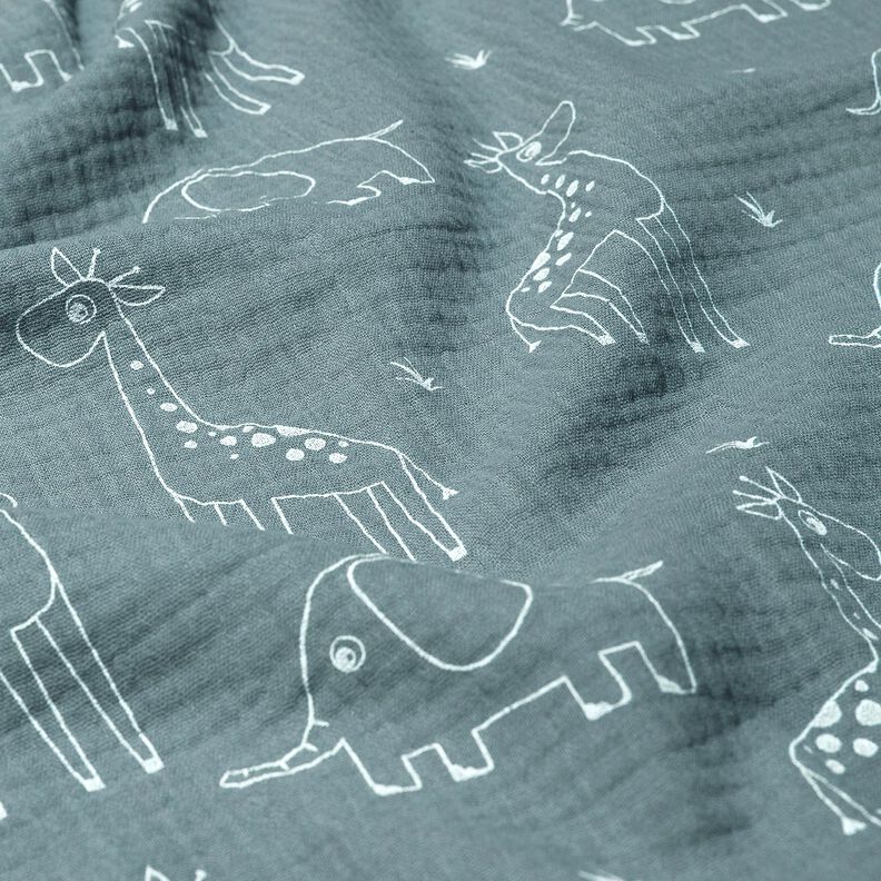 Mušelín / dvojitá mačkaná tkanina Velké žirafy a sloni – holubí modrá,  image number 2