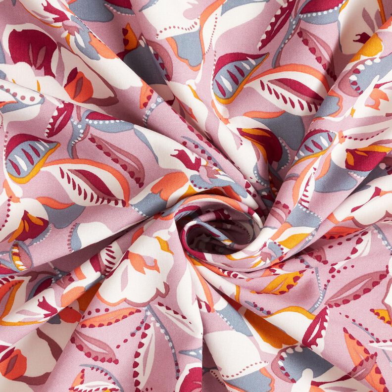 Viskózová tkanina grafické květy a listy – vlněná bílá/tmavě starorůžová,  image number 3