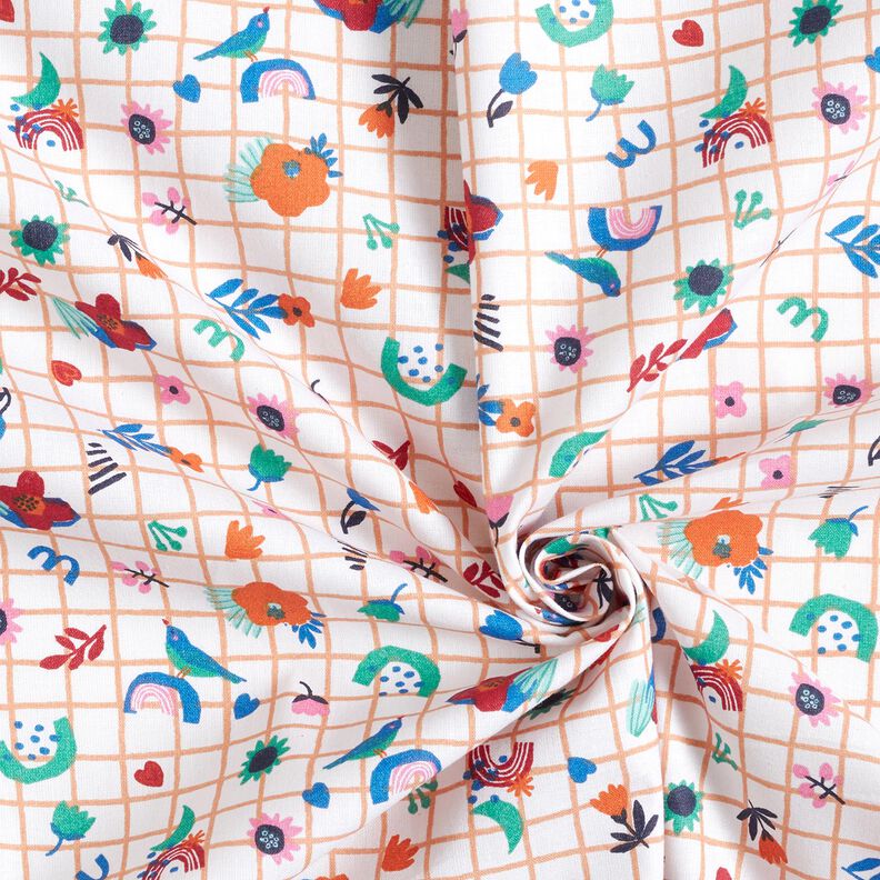 Bavlněná látka Kreton Kostka s kvítky – bílá/máta peprná,  image number 3