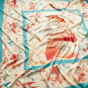 Saténový panel s ptáky a vílami | Katia Fabrics – modrá aqua/kremová, 