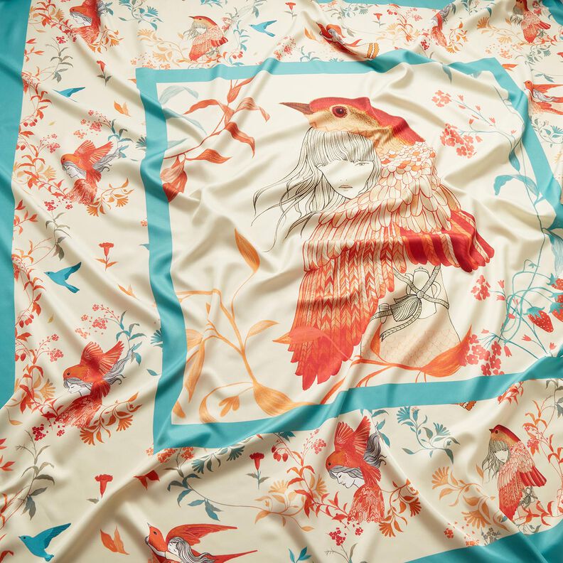 Saténový panel s ptáky a vílami | Katia Fabrics – modrá aqua/kremová,  image number 2