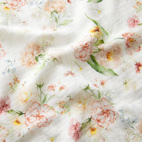 Mušelín / dvojitá mačkaná tkanina Květinová kytice digitální potisk – vlněná bílá, 