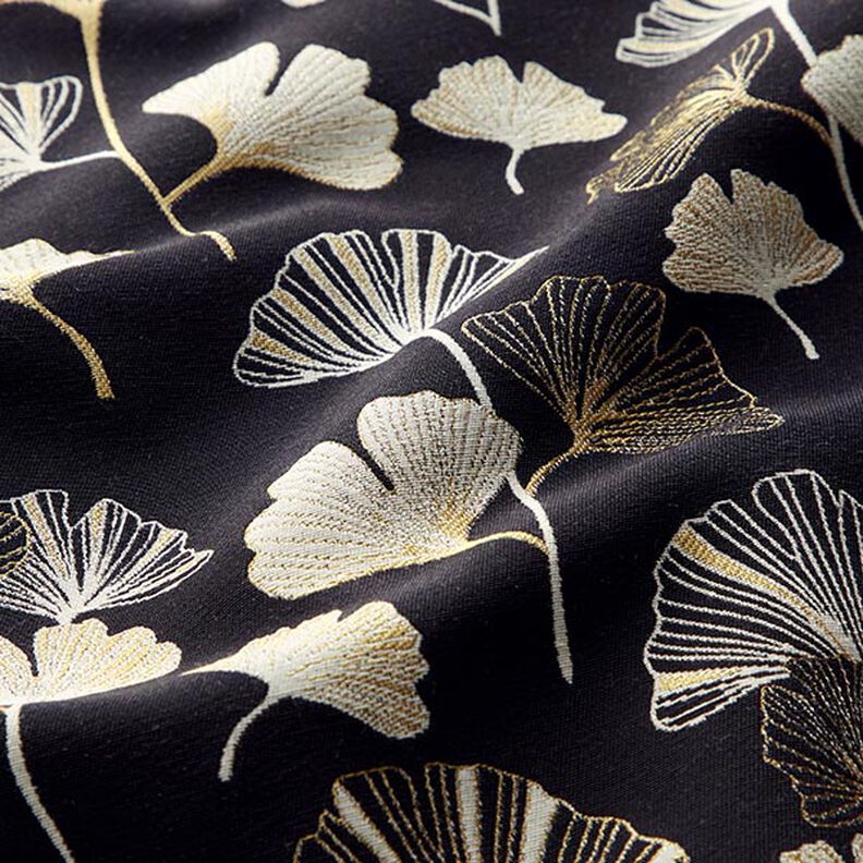 Dekorační látka Žakár Listy ginkgo – černá/zlatá, image number 2