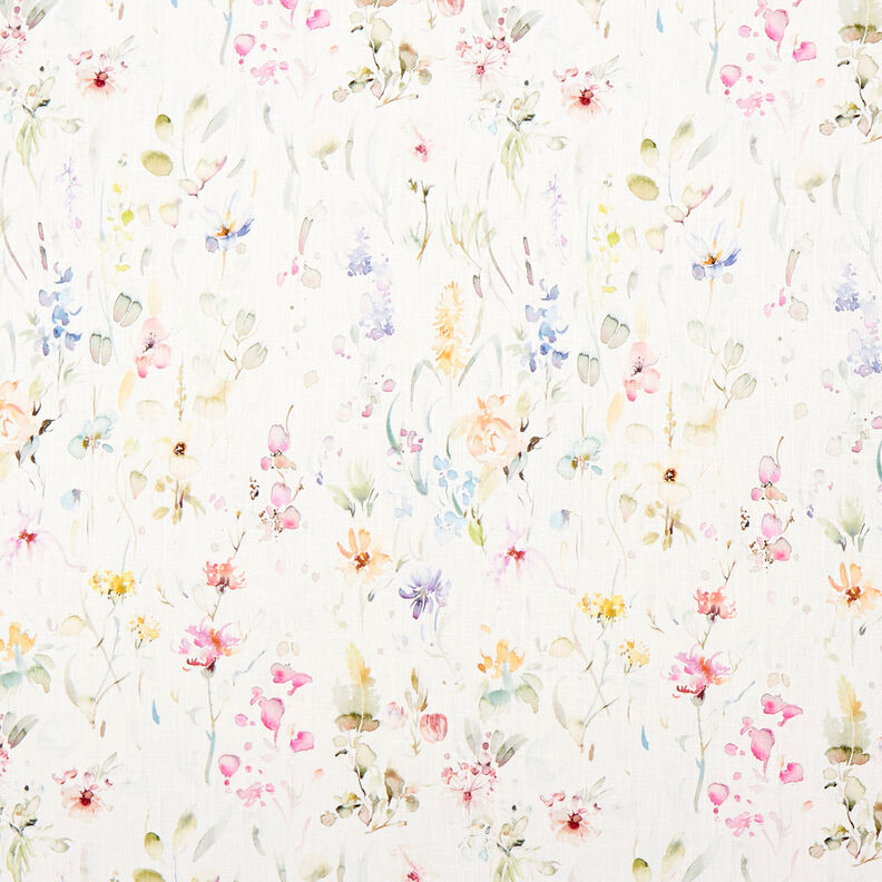 Směs len-bavlna akvarelové květiny – bílá,  image number 1