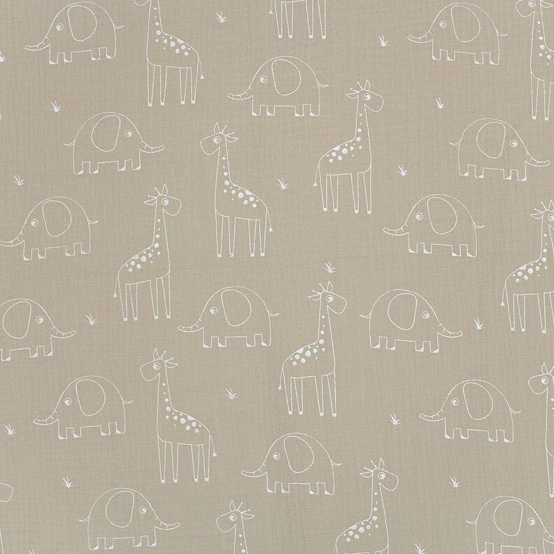 Mušelín / dvojitá mačkaná tkanina Velké žirafy a sloni – hedvábně šedá,  image number 1