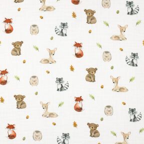 Mušelín / dvojitá mačkaná tkanina Lesní zvířátka digitální potisk | Poppy Fabrics – bílá/terracotta, 