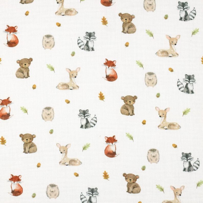 Mušelín / dvojitá mačkaná tkanina Lesní zvířátka digitální potisk | Poppy Fabrics – bílá/terracotta,  image number 1