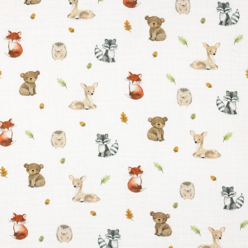 Mušelín / dvojitá mačkaná tkanina Lesní zvířátka digitální potisk | Poppy Fabrics – bílá/terracotta, image number 1