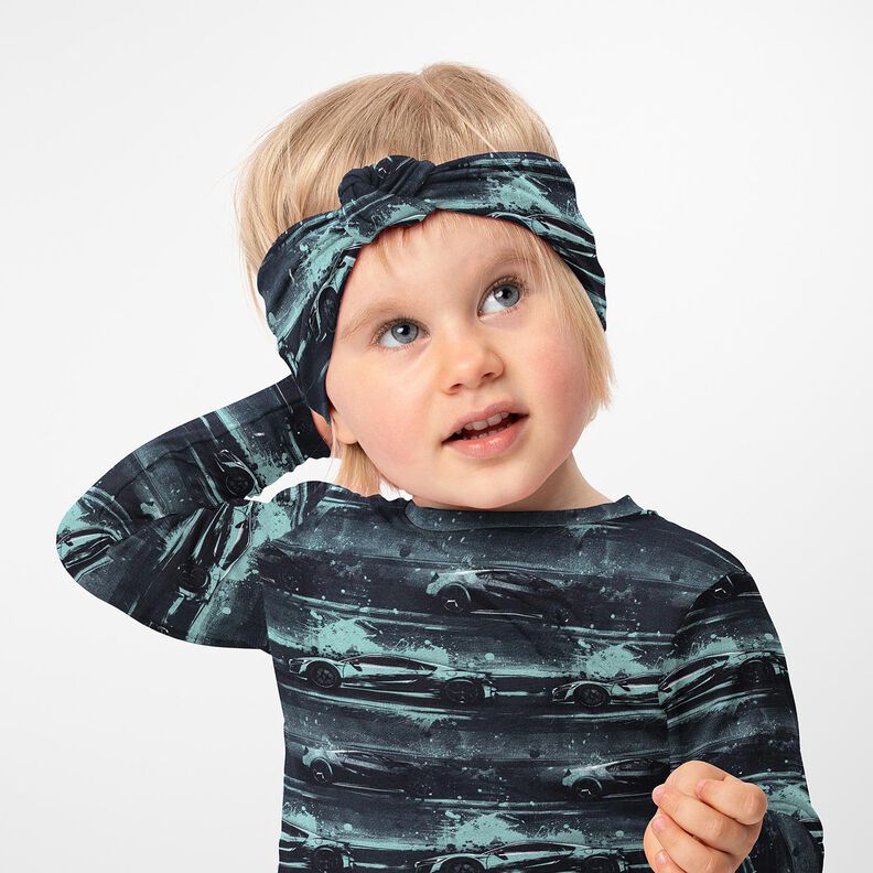 Bavlněný žerzej Závodní auto digitální potisk – černá/perlově šedá,  image number 5