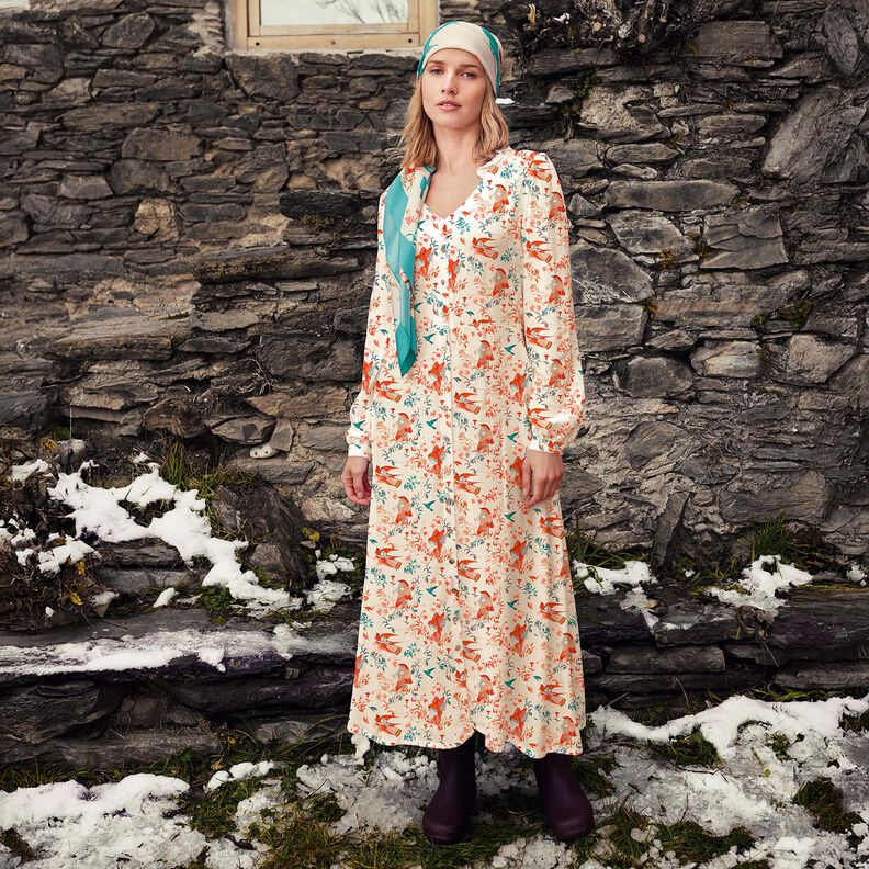 Viskózová látka LENZING™ ECOVERO™ Ptáci a víly | Katia Fabrics – kremová/ohnivě červená, image number 5