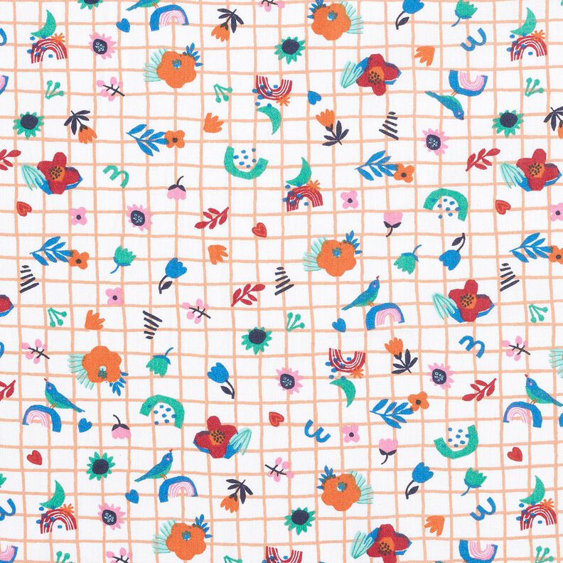 Bavlněná látka Kreton Kostka s kvítky – bílá/máta peprná,  image number 1