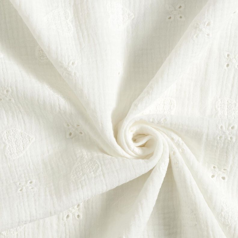 Mušelín / dvojitá mačkaná tkanina Dírková výšivka Srdíčka – vlněná bílá,  image number 3