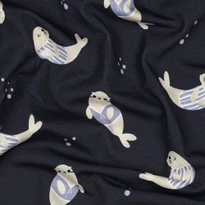 GOTS Bavlněný žerzej Tuleňi digitální potisk | Poppy Fabrics – noční modrá/sasanková, 