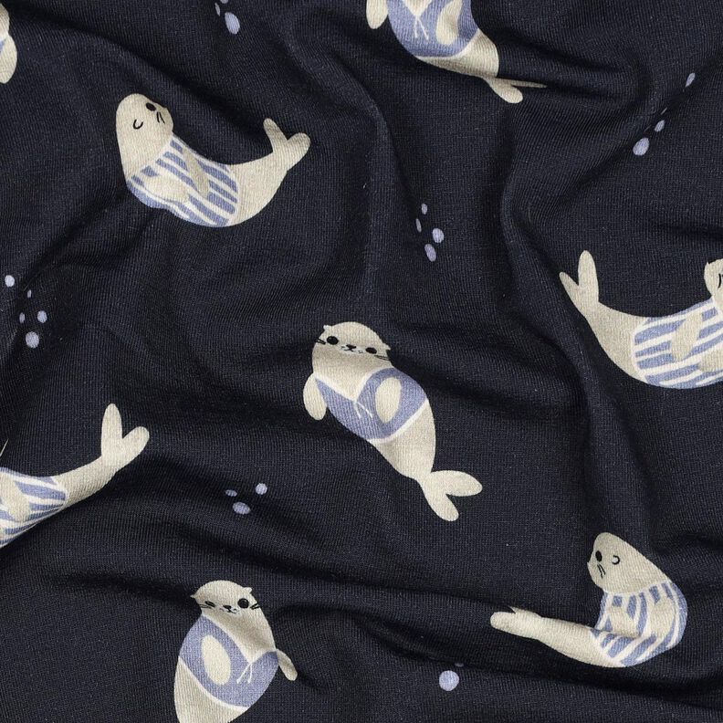 GOTS Bavlněný žerzej Tuleňi digitální potisk | Poppy Fabrics – noční modrá/sasanková, image number 2