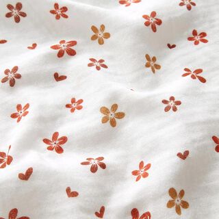 Mušelín / dvojitá mačkaná tkanina Kytičky a srdíčka – vlněná bílá/terracotta, 